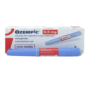 Ozempic 0.5 mg semaglutide injection pen with orange cap on white background