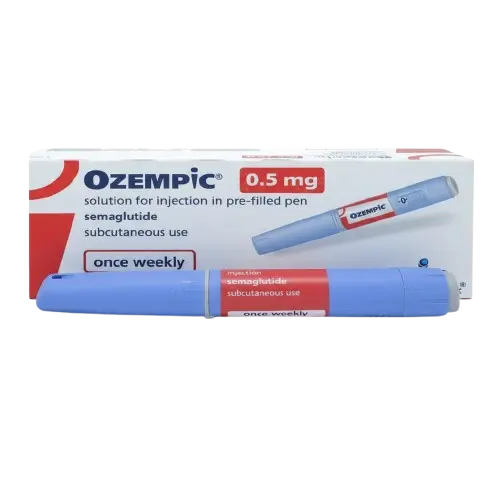 Ozempic 0.5 mg semaglutide injection pen with orange cap on white background